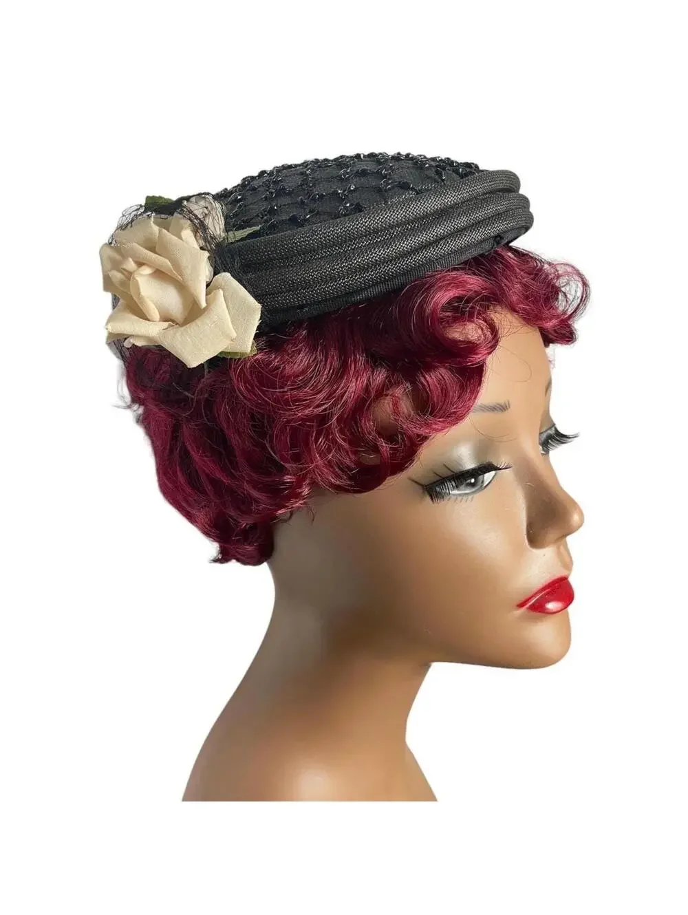 Vintage Beaded Pillbox Hat: Black Clip-on with Faux Rose